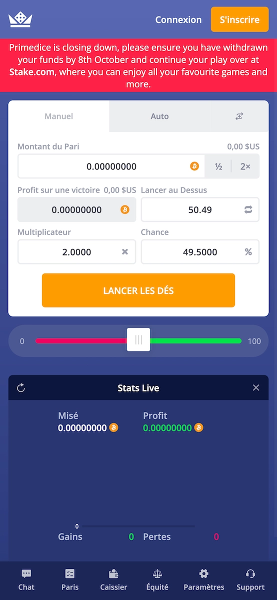 site Primedice mobile avec la bannière qui indique la fermeture du site définitive le 8 octobre 2025