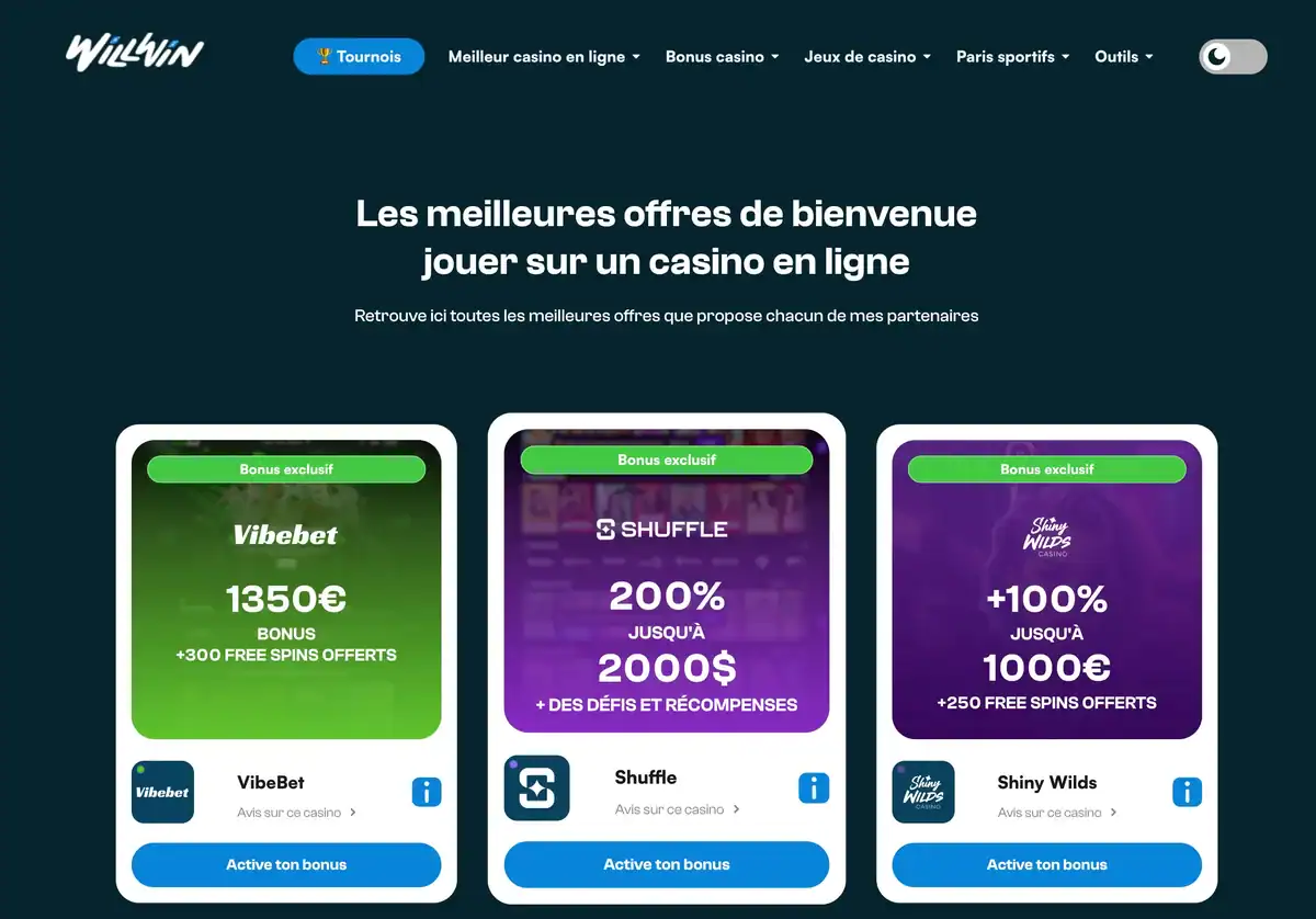 Page d'accueil du site willwin.gg avec les offres de bonus exclusifs sur Vibebet, Shuffle et Shiny Wilds.