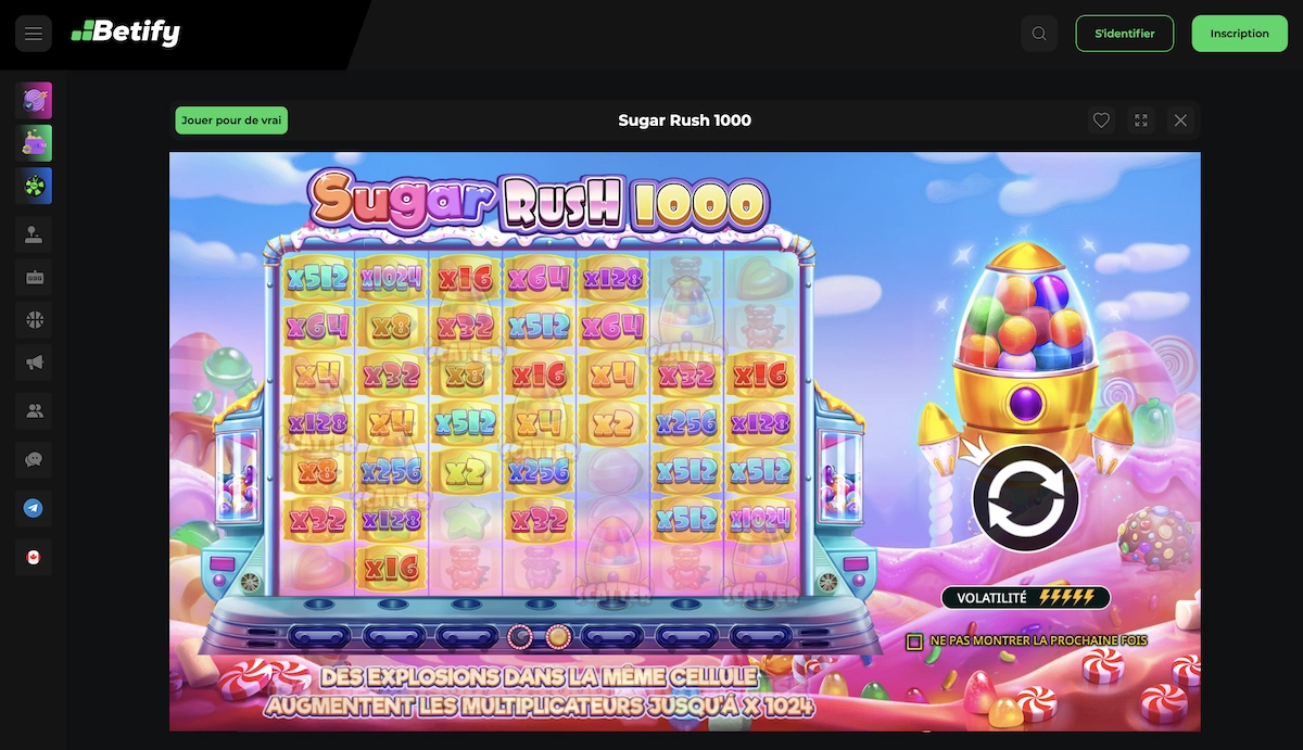 capture d'&eacute;cran de la machine &agrave; sous Sugar Rush 1000 sur le casino en ligne Betify