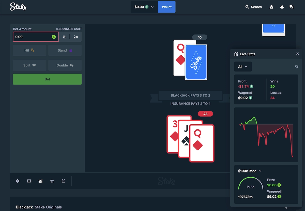 partie de Blackjack sur le casino crypto Stake avec une main perdue et les statistiques live de la partie