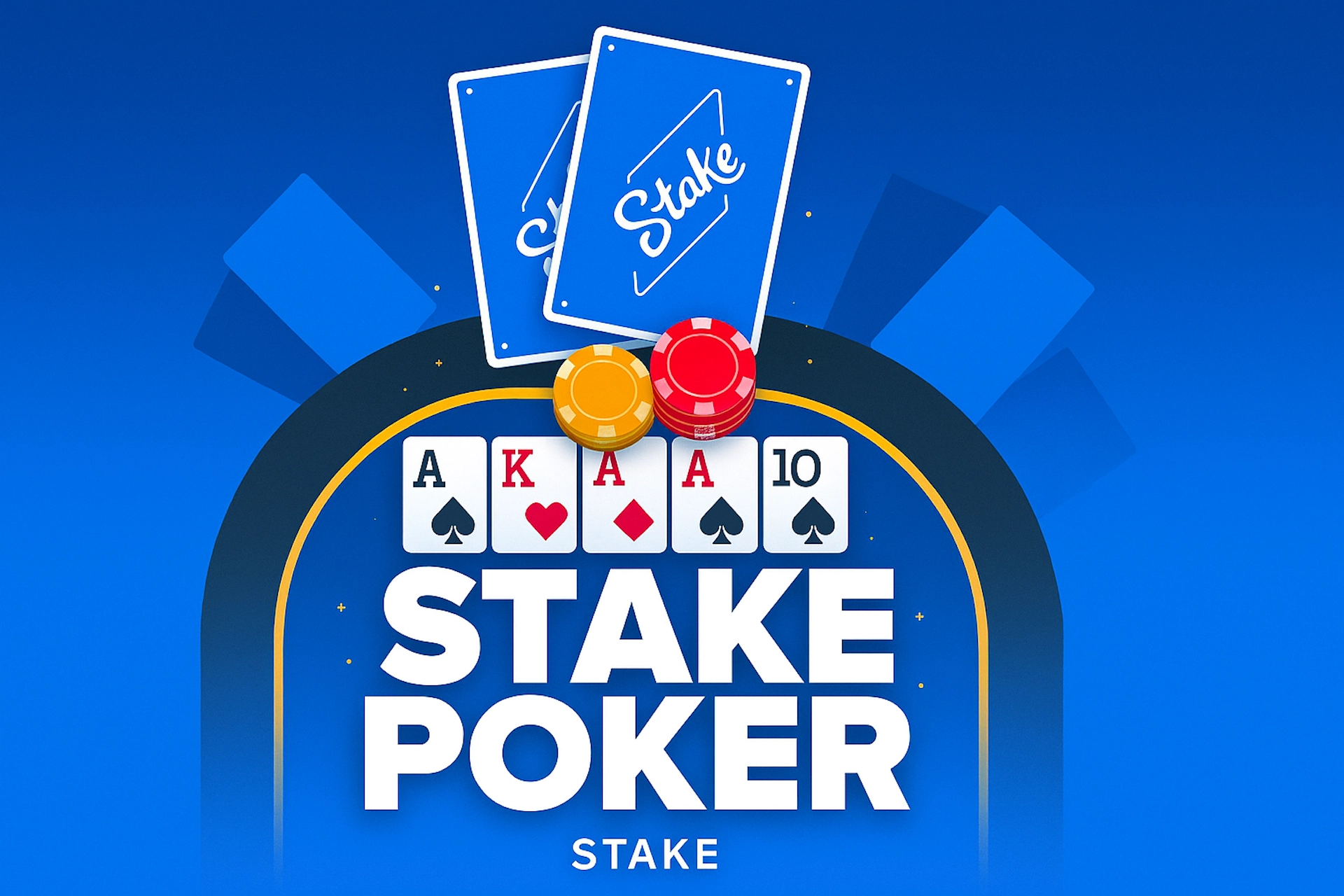 Illustration 1920x1280 inspir&eacute;e de Stake Poker avec cartes, jetons, table de poker et texte &ldquo;Stake Poker&rdquo; sur fond bleu d&eacute;grad&eacute;, style cartoon moderne