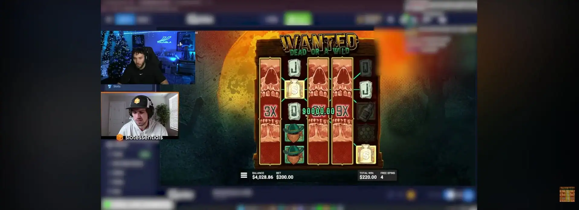 Adin Ross en stream sur la machine à sous Wanted Dead or a Wild avec un gain de 90 000 dollars affiché à l'écran.