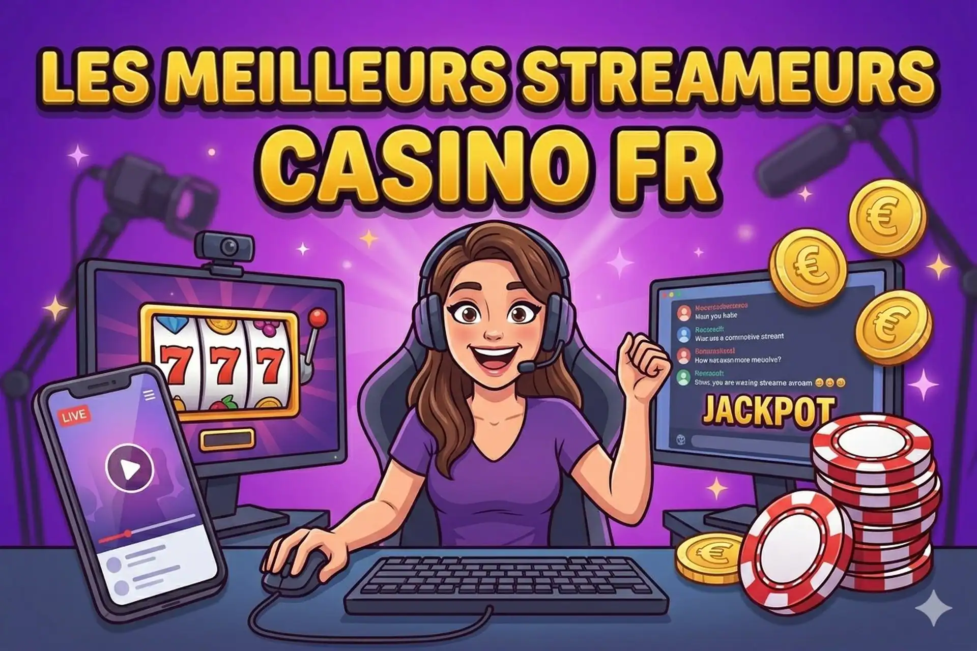 Streameuse casino en direct devant une machine à sous 777 et un chat Twitch, pièces en euros et jetons autour d'elle.