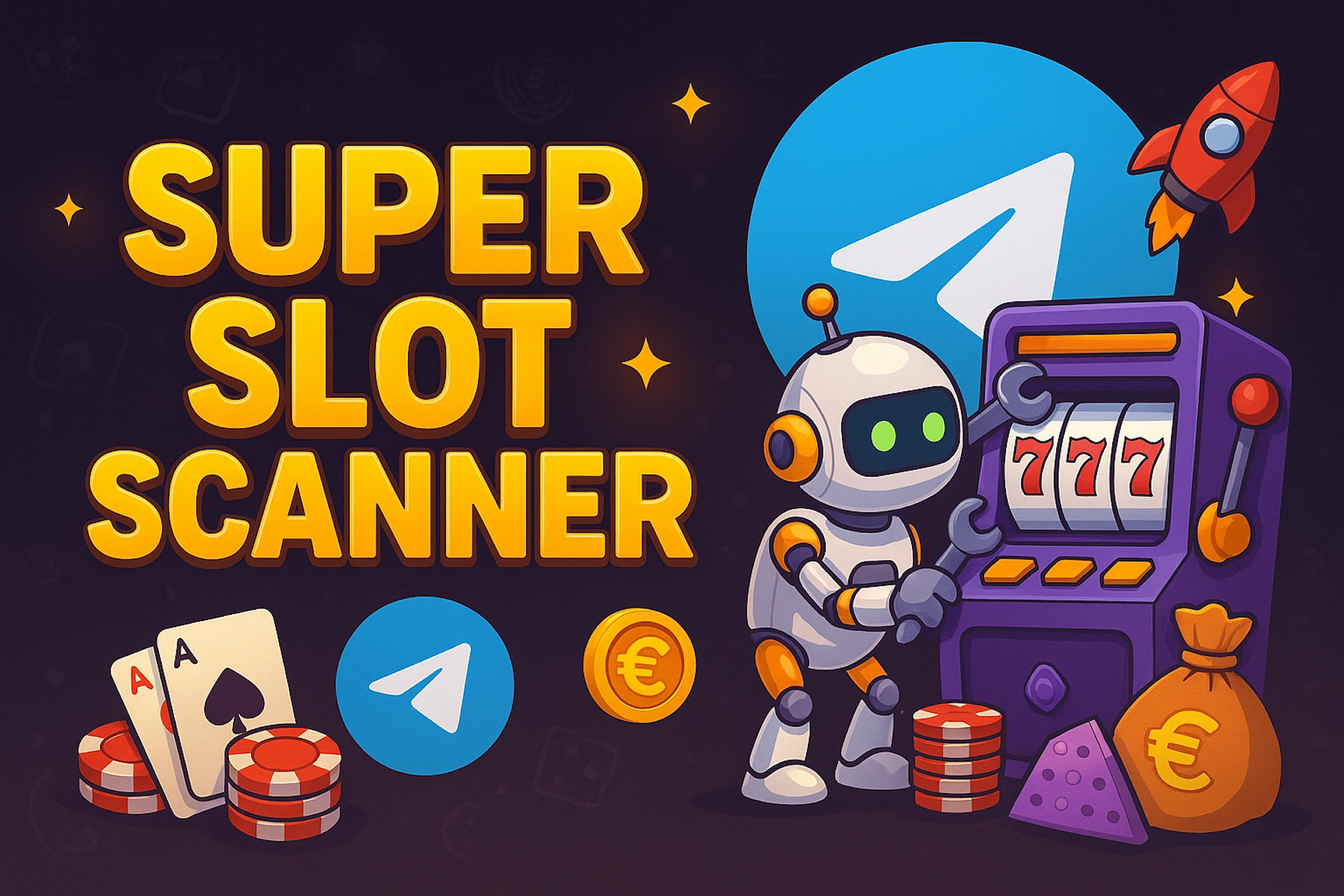 Illustration cartoon de “SUPER SLOT SCANNER” avec robot inspectant une machine à sous, logo Telegram, jetons, cartes et pièces euros, dans un style fun pour Casinotan