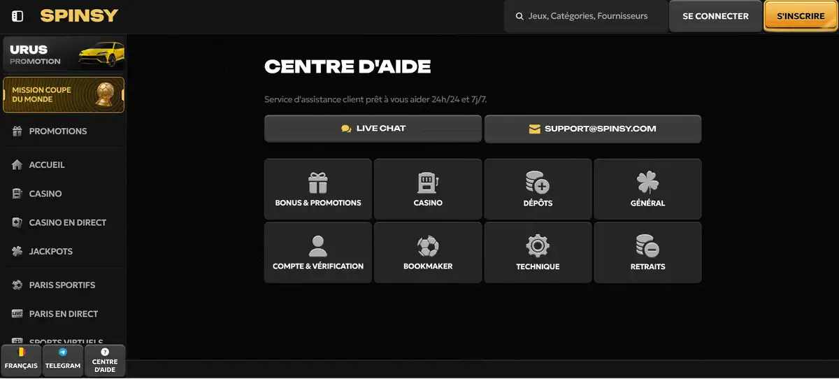 centre d'aide Spinsy Casino avec chat en direct et accès par catégorie