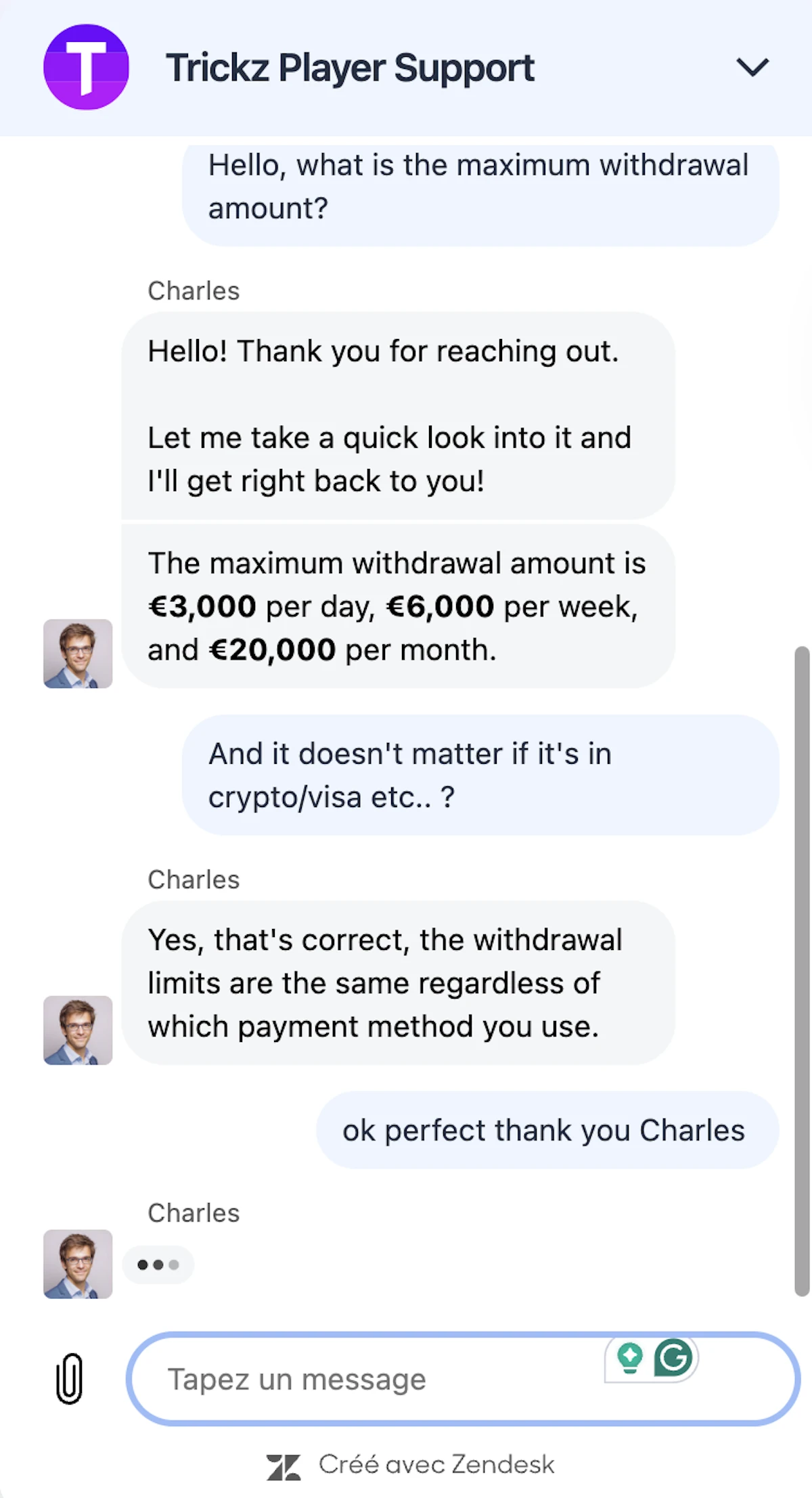 Support client du casino en ligne Trickz