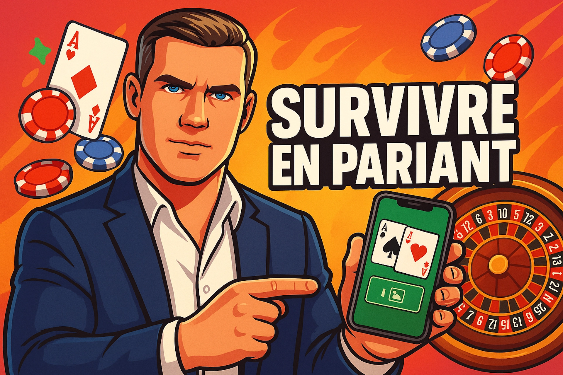 Illustration style cartoon d’un homme en costume pointant un smartphone avec jeu de blackjack, texte “SURVIVRE EN PARIANT” au centre, décor de casino dynamique avec jetons et roulette. Visuel pour Casinotan.