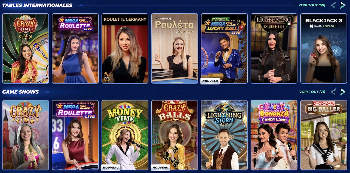 Section des tables internationales et game shows sur BassBet Casino avec Crazy Time, Money Time et Mega Roulette