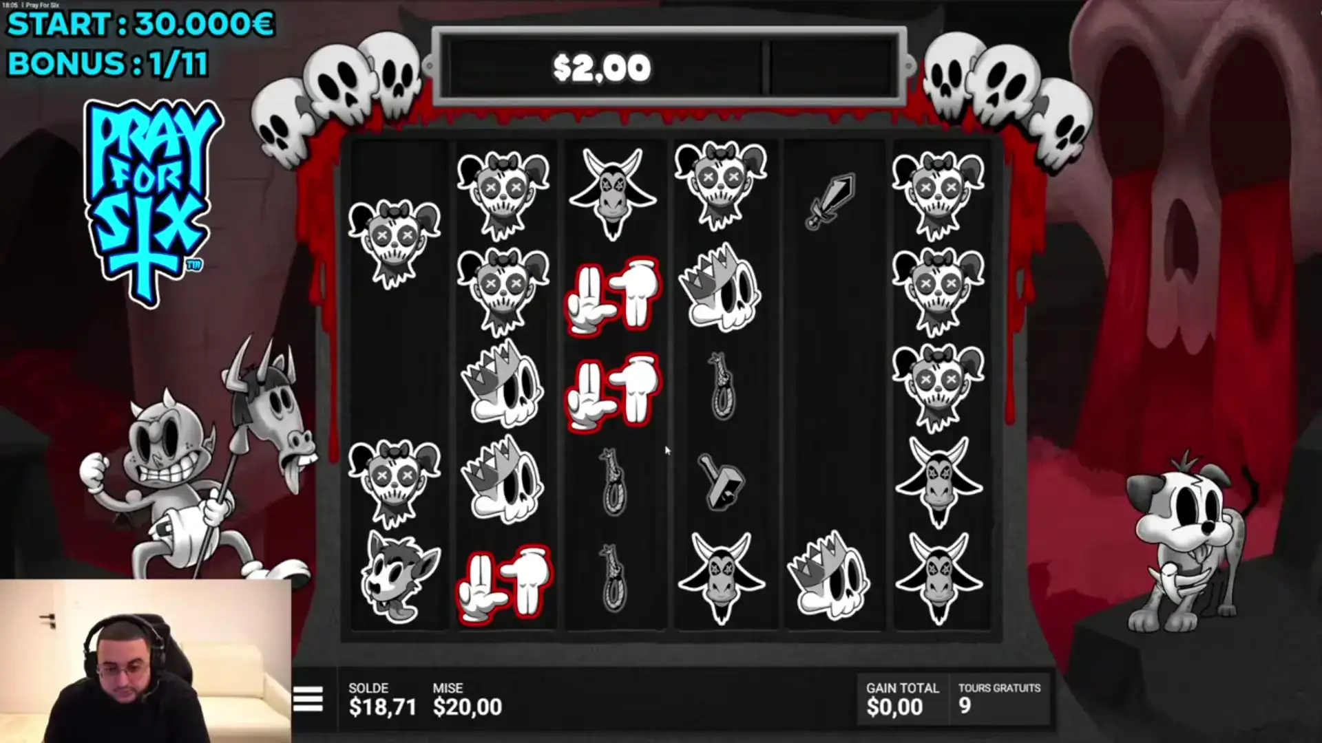 Taour en bonus sur la machine à sous Pray For Six, mise à 20 $ et 9 tours gratuits restants