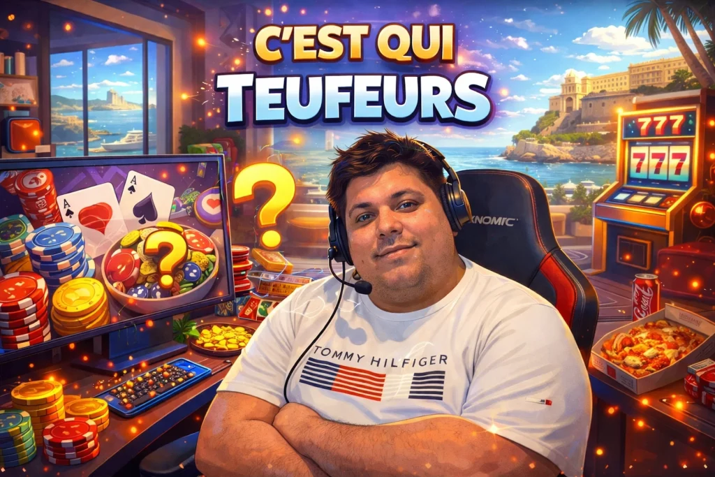 Illustration cartoon de TeufeurS dans un setup gaming haut de gamme avec univers casino en ligne, villa de luxe à Malte en arrière-plan, écran affichant jetons et cartes de casino, pizza et soda dans le décor, salade posée sur le bureau et texte « C’EST QUI TEUFEURS ?