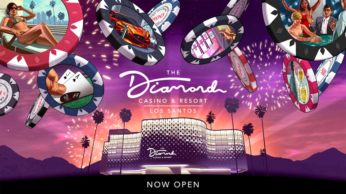 Illustration promotionnelle du Diamond Casino & Resort dans GTA Online, avec jetons de casino en lévitation, feu d’artifice et coucher de soleil.