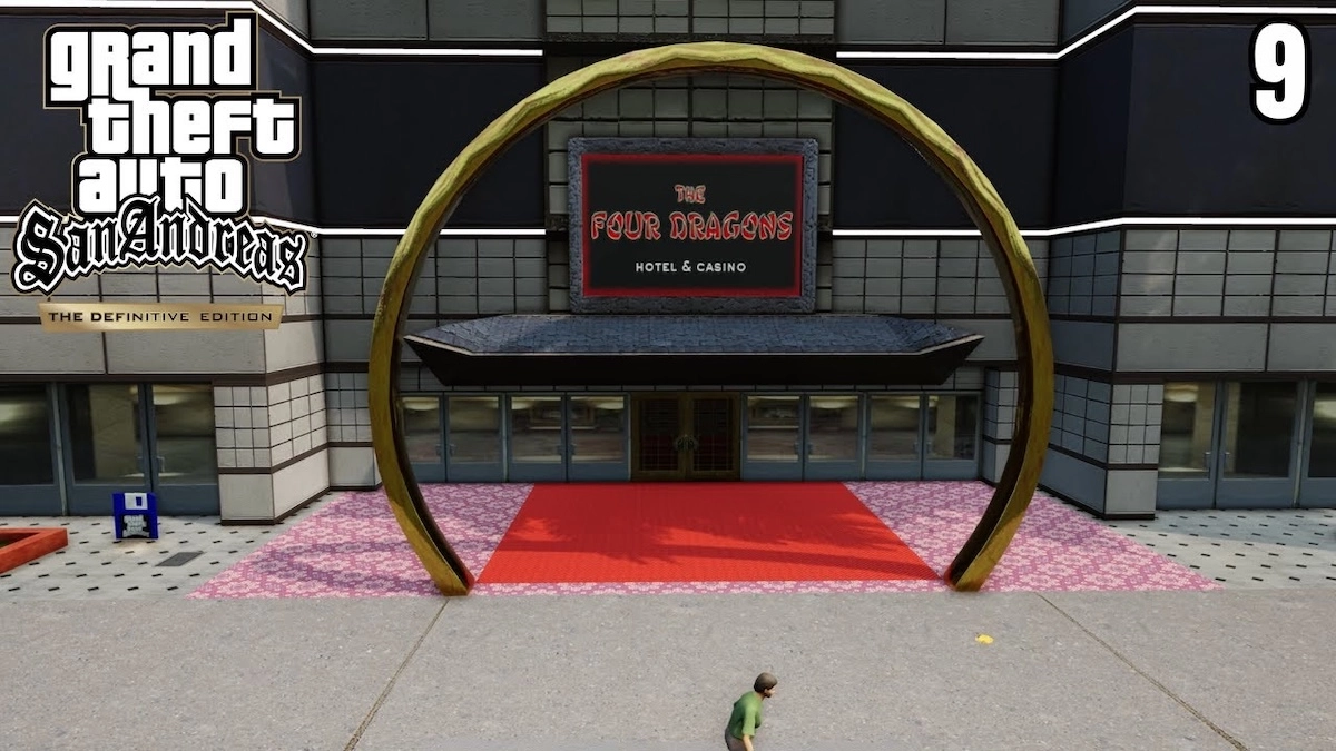 Entrée du Four Dragons Hotel & Casino dans GTA San Andreas Definitive Edition, avec arche dorée et tapis rouge.