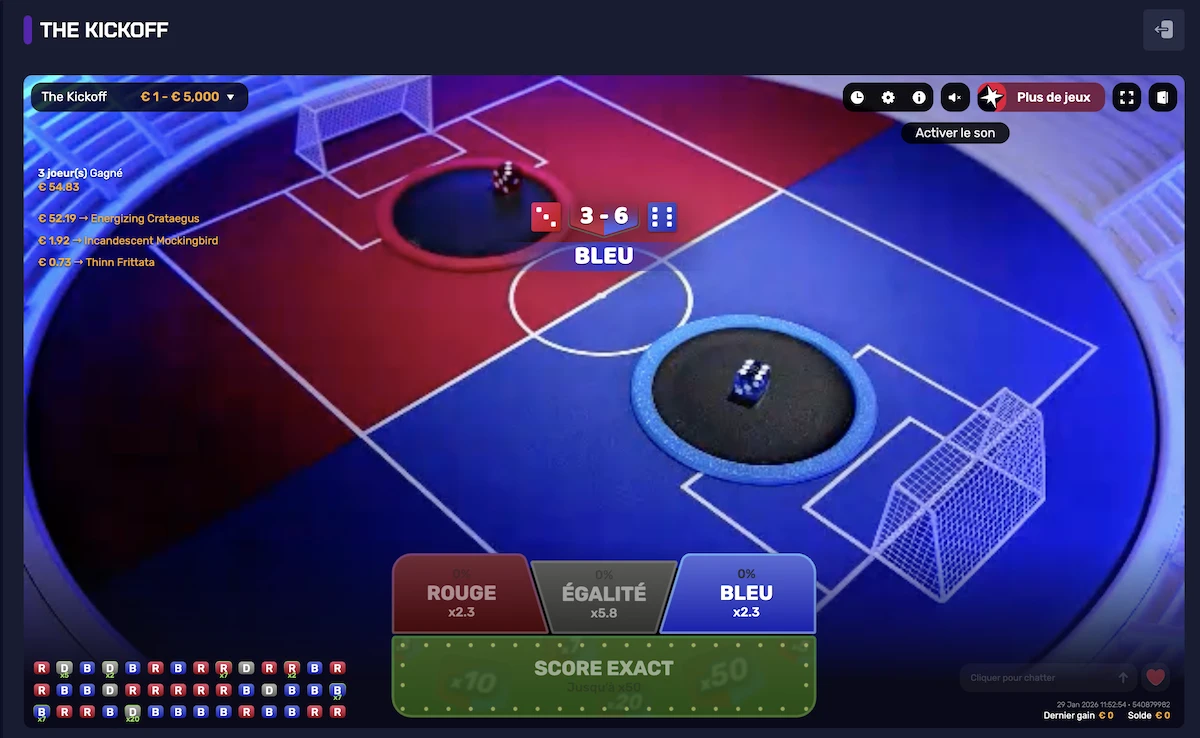 Interface du jeu de casino live The KickOff montrant un lancer de d&eacute;s avec score 3-6, pari Bleu gagnant et options Rouge, &Eacute;galit&eacute; et Bleu visibles