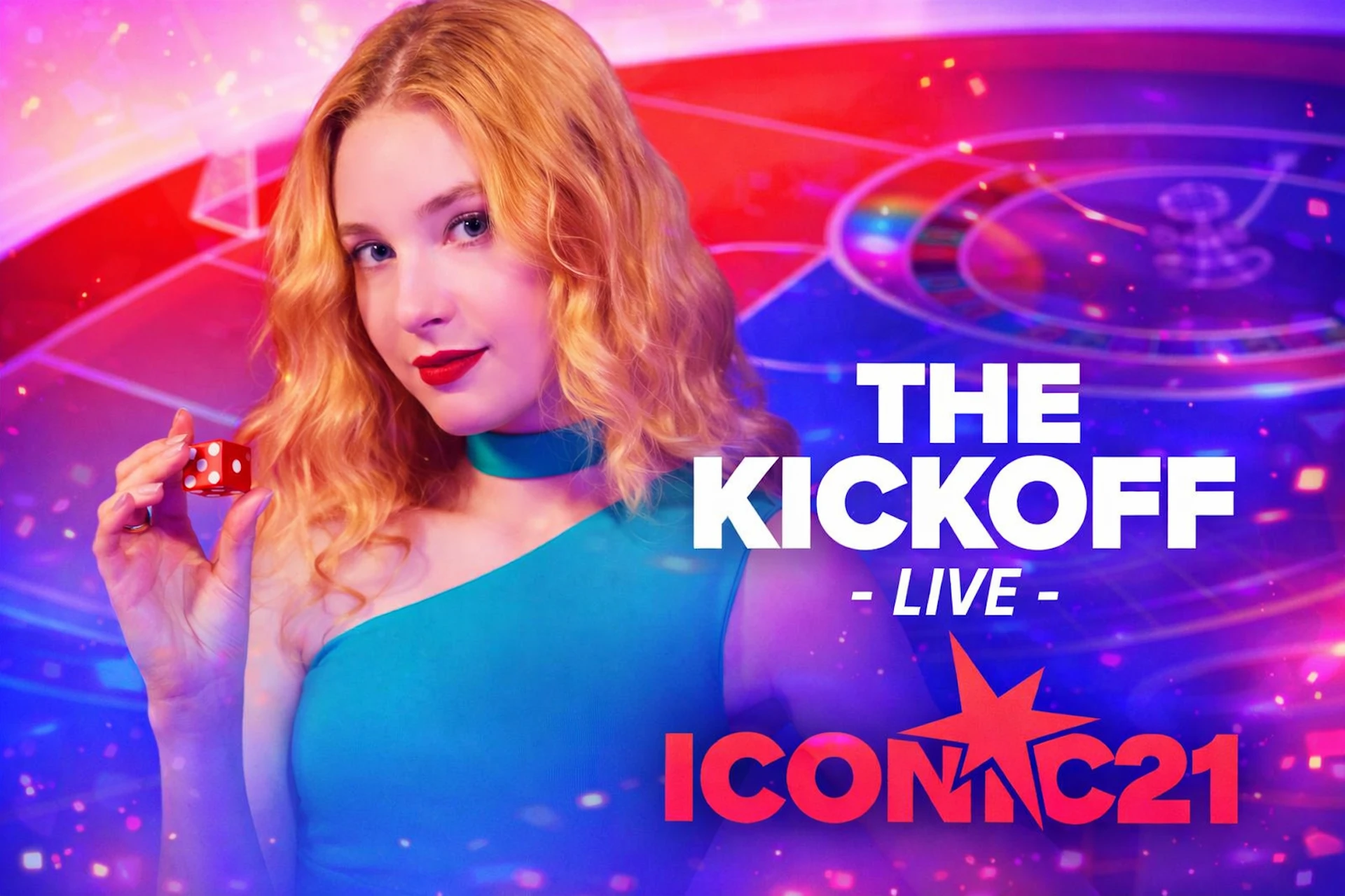 Femme blonde tenant un d&eacute; rouge sur fond de casino stylis&eacute; avec texte "The Kickoff Live" et logo rouge ICONIC21, ambiance color&eacute;e et dynamique fa&ccedil;on cartoon moderne.