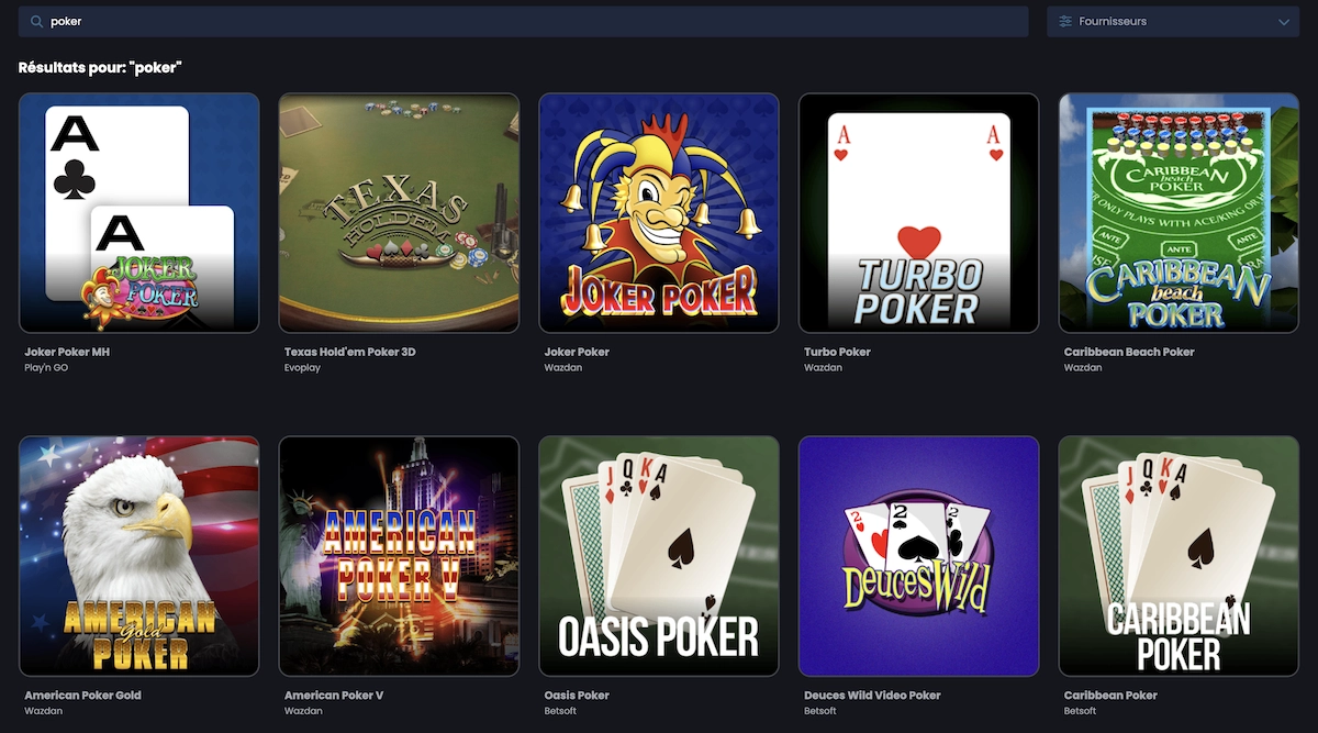 Aper&ccedil;u des jeux de poker sur Casino Night avec Texas Hold&rsquo;em Bonus, Caribbean Stud Poker et Video Poker.