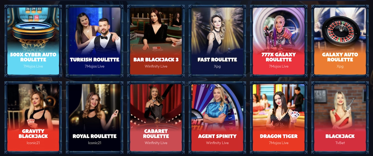 Grille de jeux live casino affichée sur la page dédiée du casino, qui montre douze vignettes colorées avec les titres comme 500x Cyber Auto Roulette, Turkish Roulette, Bar Blackjack 3, Fast Roulette, 777x Galaxy Roulette, Galaxy Auto Roulette, Gravity Blackjack, Royal Roulette, Cabaret Roulette, Agent Spinity, Dragon Tiger et Blackjack, chaque vignette présentant un croupier ou une roulette, le nom du fournisseur et des couleurs vives pour chaque jeu.