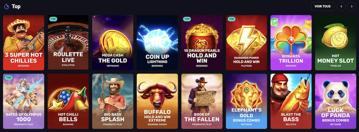 Section &ldquo;Top jeux&rdquo; sur Spin Aura Casino montrant les machines &agrave; sous populaires comme Coin Up Lightning et Gates of Olympus 1000