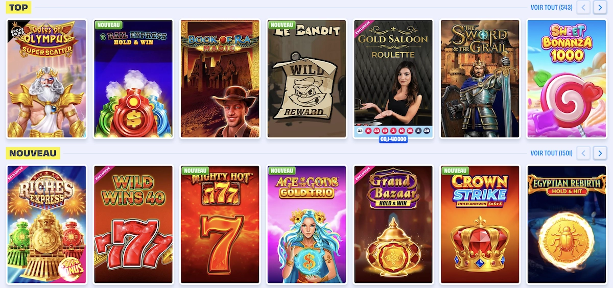 Section des jeux populaires sur OnlySpins Casino avec titres comme Gates of Olympus et Book of Ra Magic