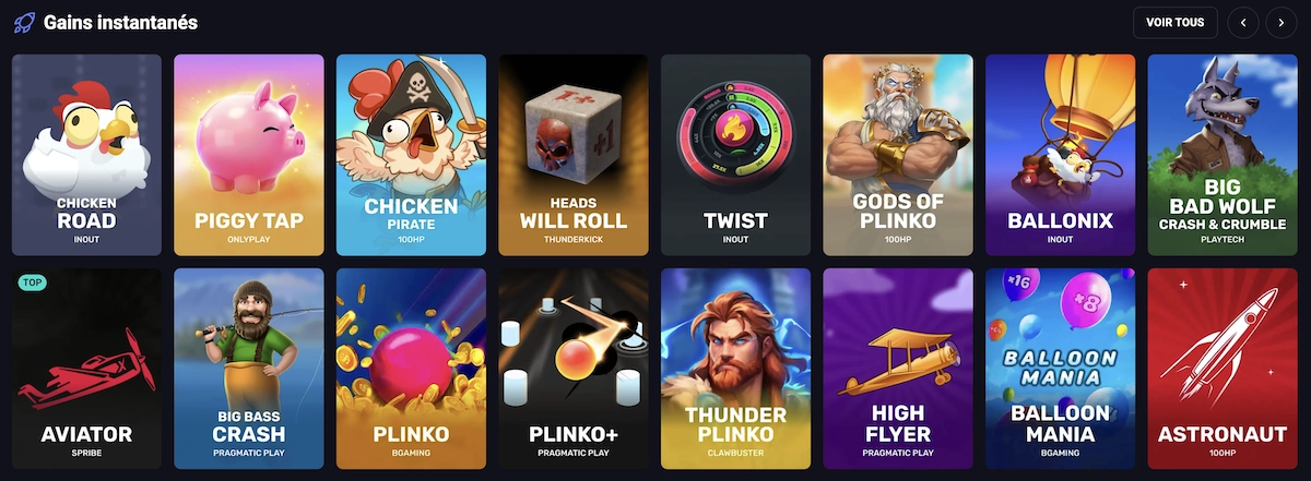 Section des mini-jeux &agrave; gains instantan&eacute;s sur Spin Aura Casino avec Aviator, Plinko et Chicken Road