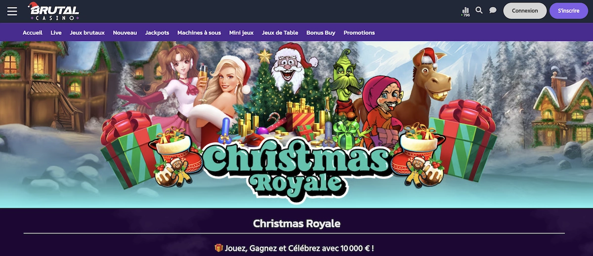 Capture d&rsquo;&eacute;cran du tournoi Christmas Royale de Brutal Casino avec 10 000 &euro; en cash, pr&eacute;sent&eacute; dans le cadre des bonus de No&euml;l casino.