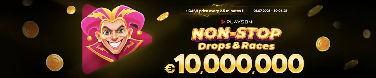 Banni&egrave;re du tournoi Non-Stop Drops & Races de Playson sur Lucky Block casino avec 10 millions d&rsquo;euros de prix