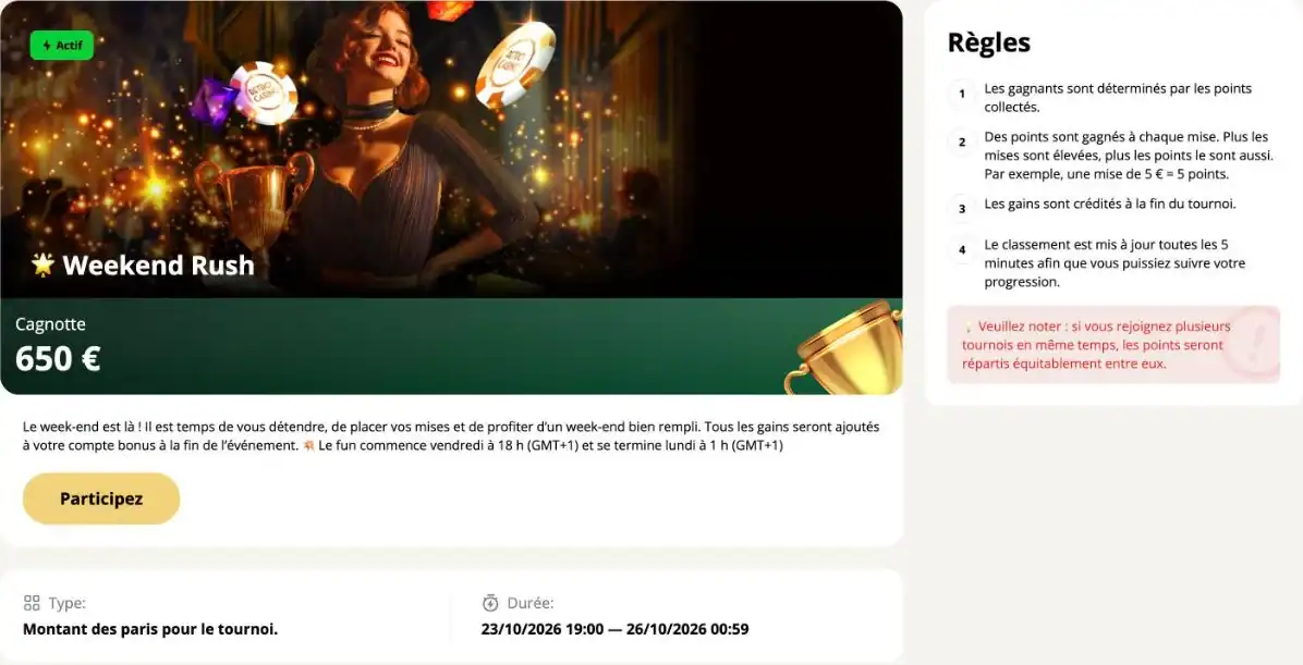 Page des tournois de Retro Casino avec le Weekend Rush et sa cagnotte de 650 €.