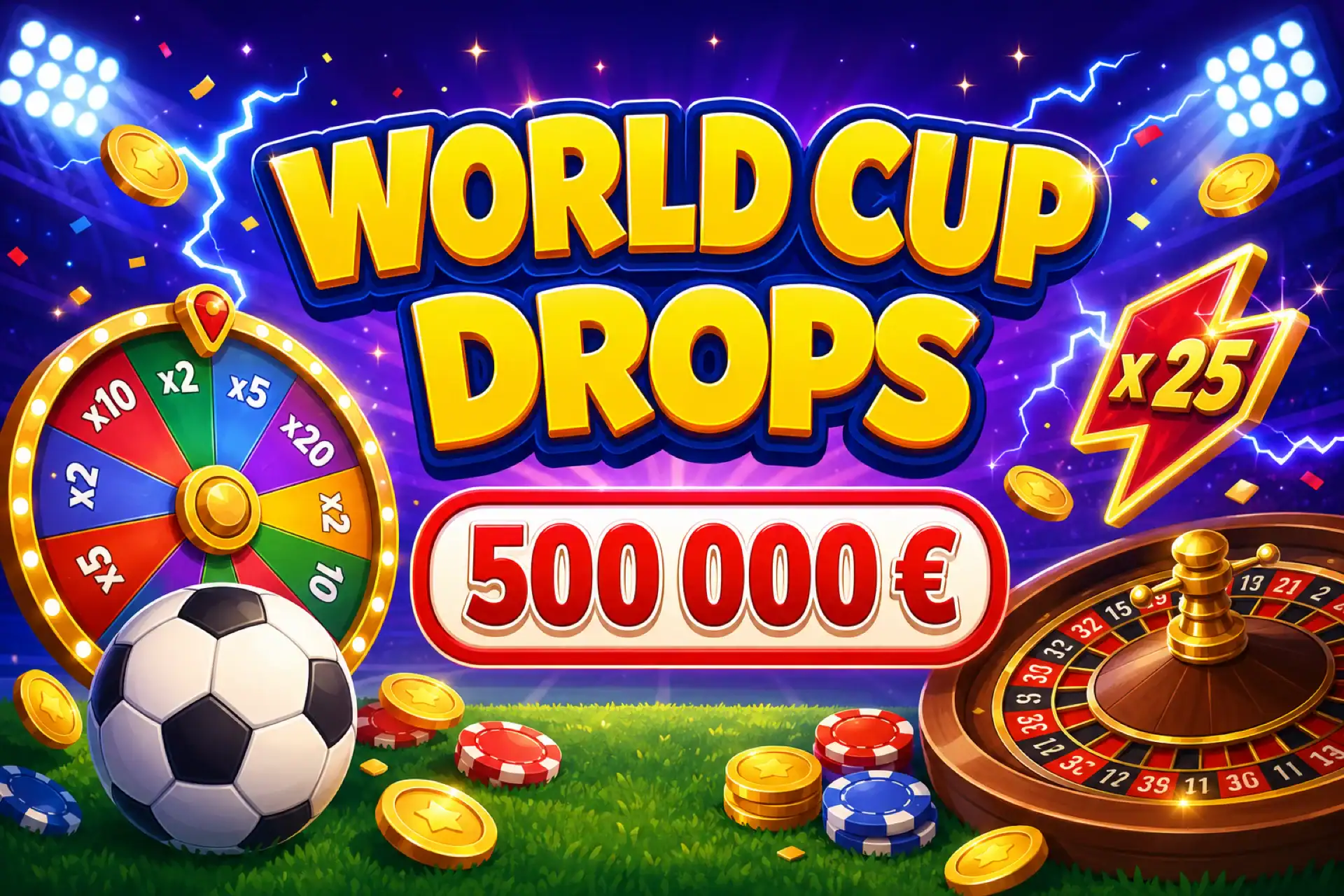 Illustration cartoon du tournoi World Cup Drops d’Evolution avec une roue de jeu télévisé, un ballon de foot, une roulette et 500 000 € à gagner.
