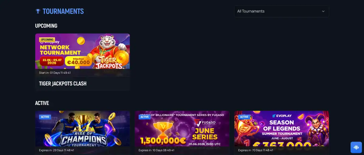 Page des tournois d'Aerobet casino avec le tournoi Tiger Jackpots Clash à venir et trois tournois actifs.