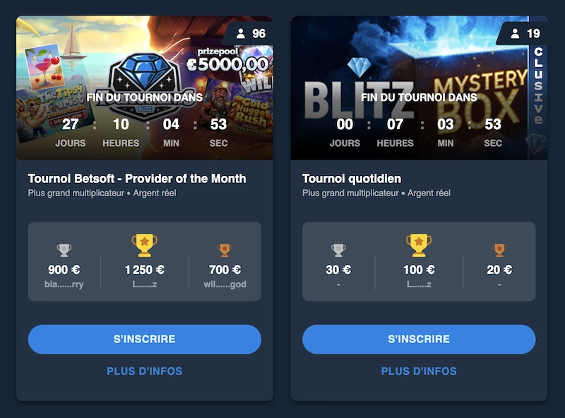 liste des tournois sur Blitz Casino