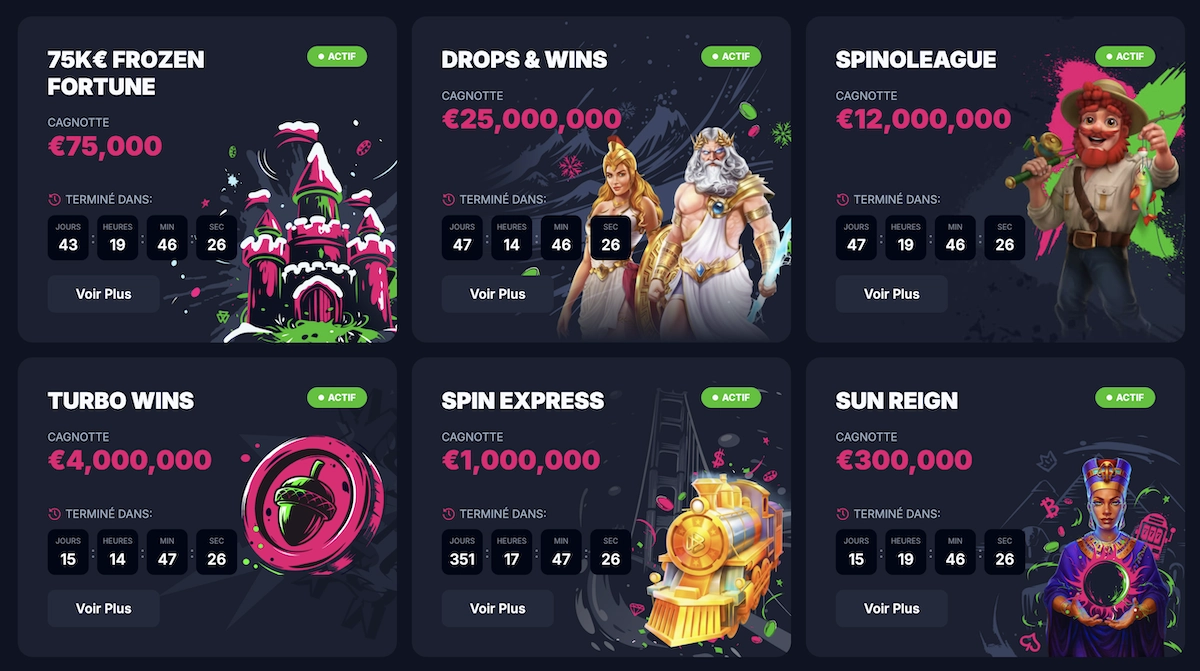 Section tournois sur Betsio Casino affichant plusieurs compétitions actives avec cagnottes élevées, compte à rebours et boutons voir plus