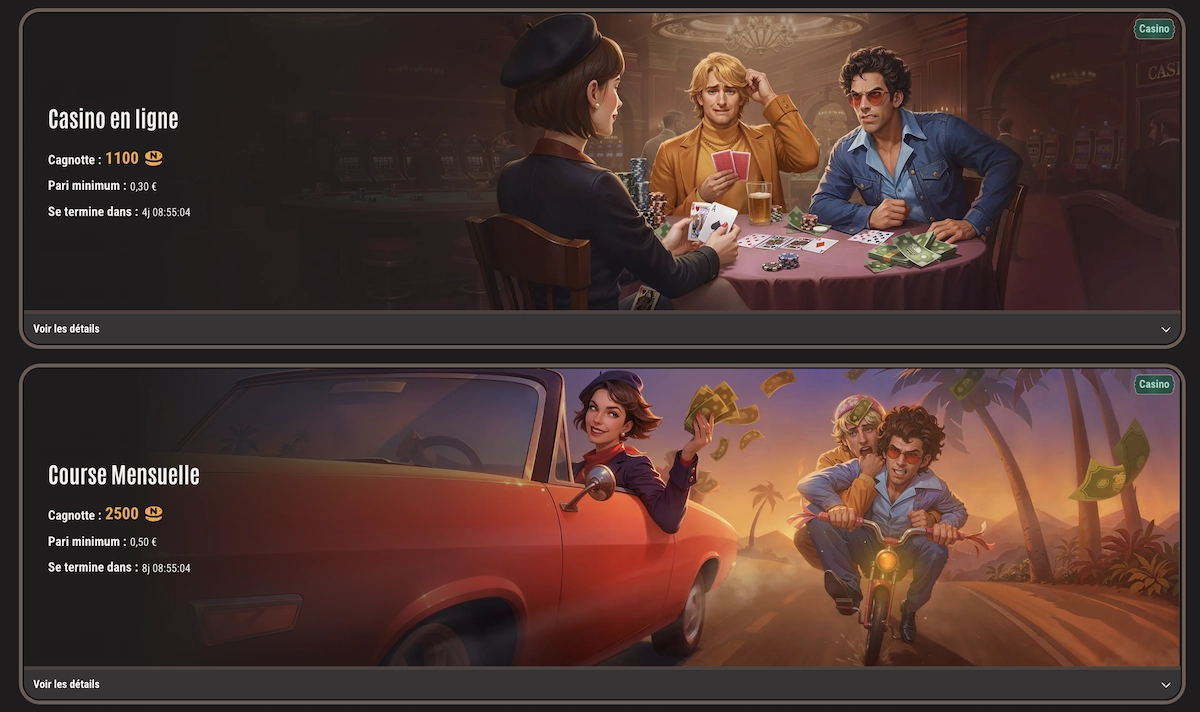 Tournois Neon54 avec cagnottes en jeu et visuels de joueurs dans un casino et sur la route