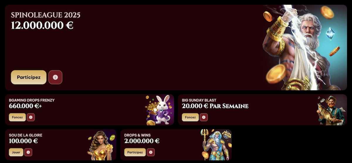 Tournois en cours sur Spinogambino Casino incluant Spinoleague et Drops & Wins avec montants de jackpots visible