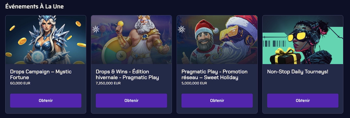 Section tournois de Betory Casino pr&eacute;sentant plusieurs &eacute;v&eacute;nements promotionnels avec montants &agrave; gagner, illustrations et boutons pour participer