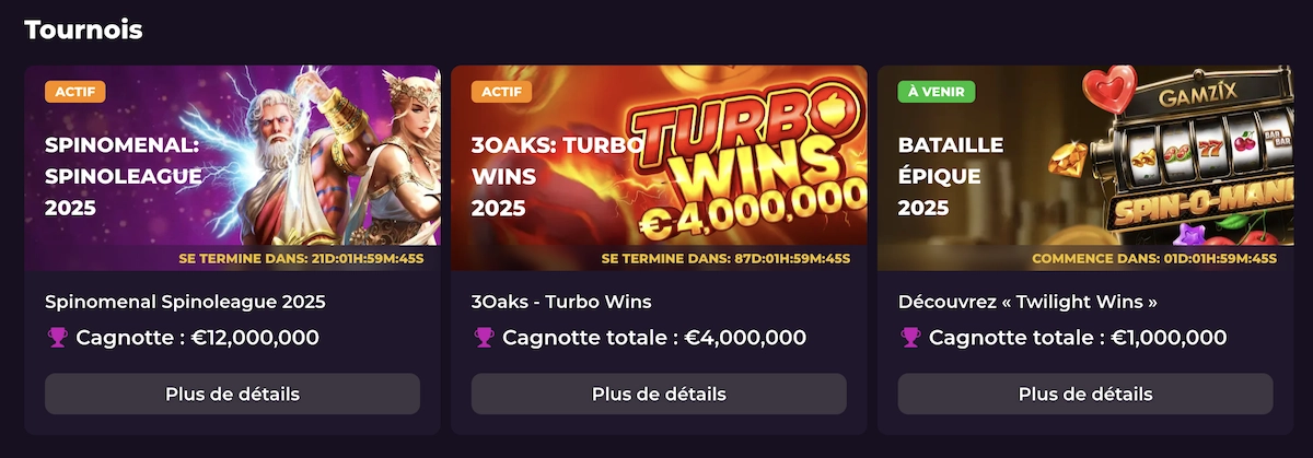 Page des tournois sur Rockstar Casino pr&eacute;sentant les comp&eacute;titions Spinomenal et 3 Oaks avec cagnottes