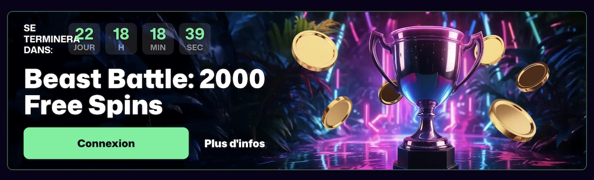 Banni&egrave;re promotionnelle sur WinBeast Casino annon&ccedil;ant le tournoi Beast Battle avec compte &agrave; rebours et 2000 free spins &agrave; gagner