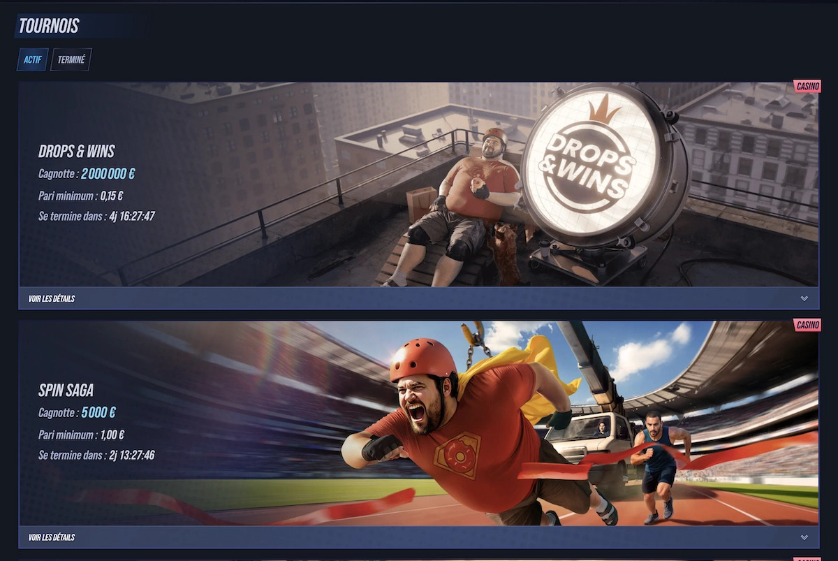 Tournois en cours sur Vegashero Casino avec Drops & Wins et Spin Saga affich&eacute;s avec cagnottes et conditions.