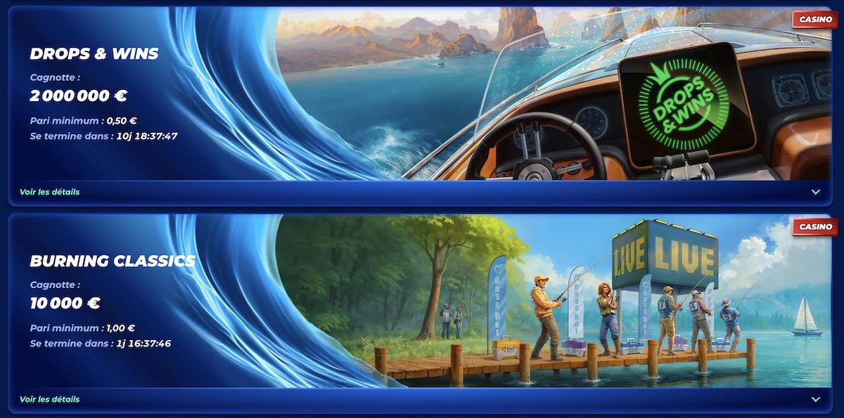 Page des tournois de BassBet Casino affichant Drops & Wins et Burning Classics avec les cagnottes et d&eacute;lais