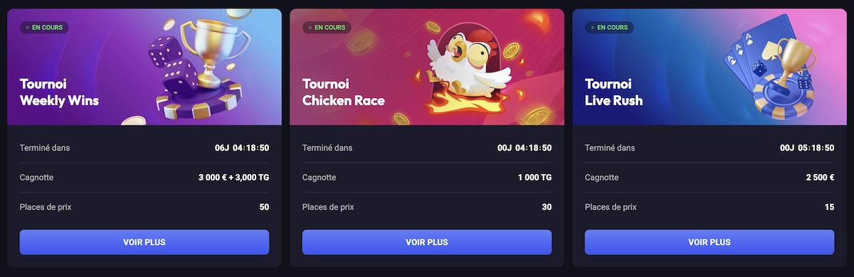 Tournois actifs sur Spin Aura Casino comme Weekly Wins, Chicken Race et Live Rush avec leurs cagnottes