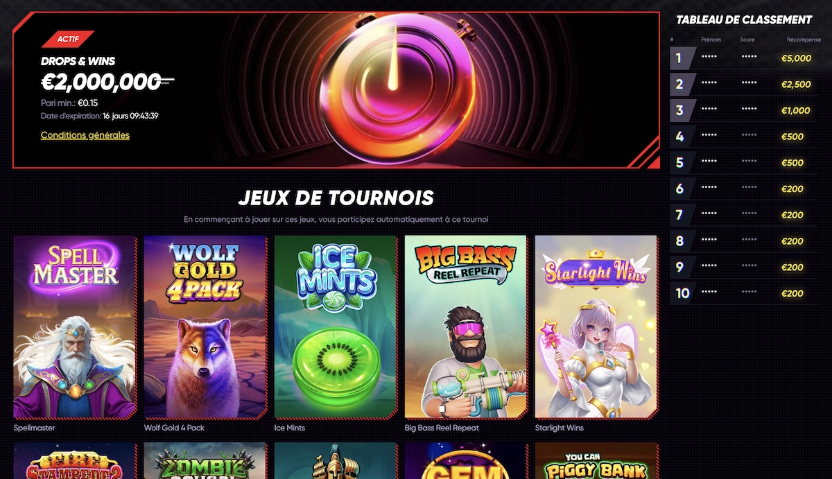 Tournois Quickwin Casino avec cagnotte Drops & Wins de 2 000 000 &euro; et classement affich&eacute;