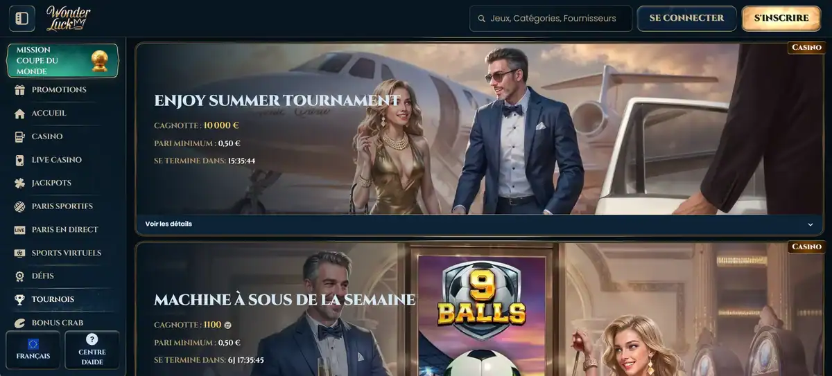 Page des tournois Wonderluck Casino avec Enjoy Summer Tournament et Machine à sous de la semaine