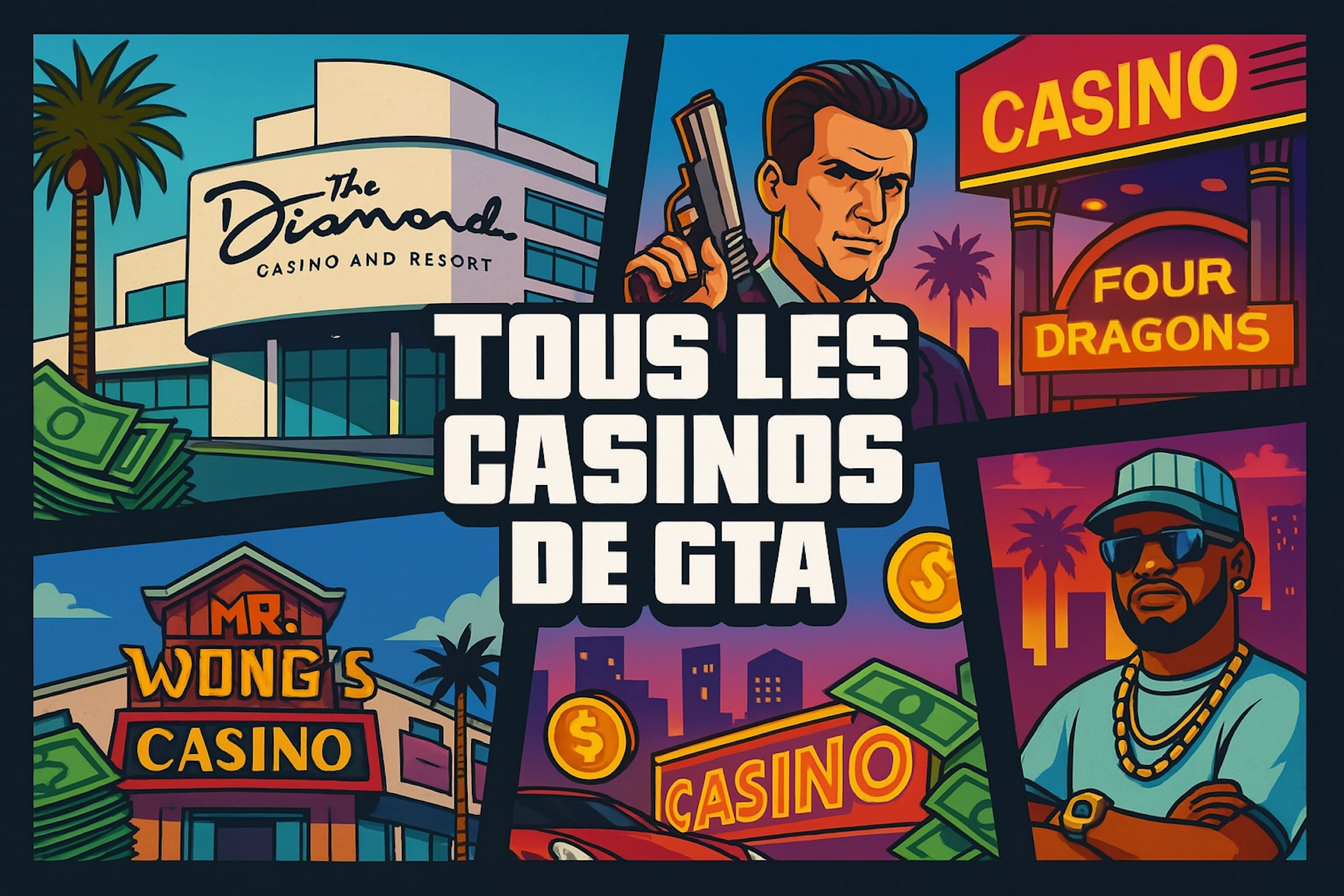 Montage illustré représentant différents casinos de GTA avec personnages, billets et texte “Tous les casinos de GTA”.
