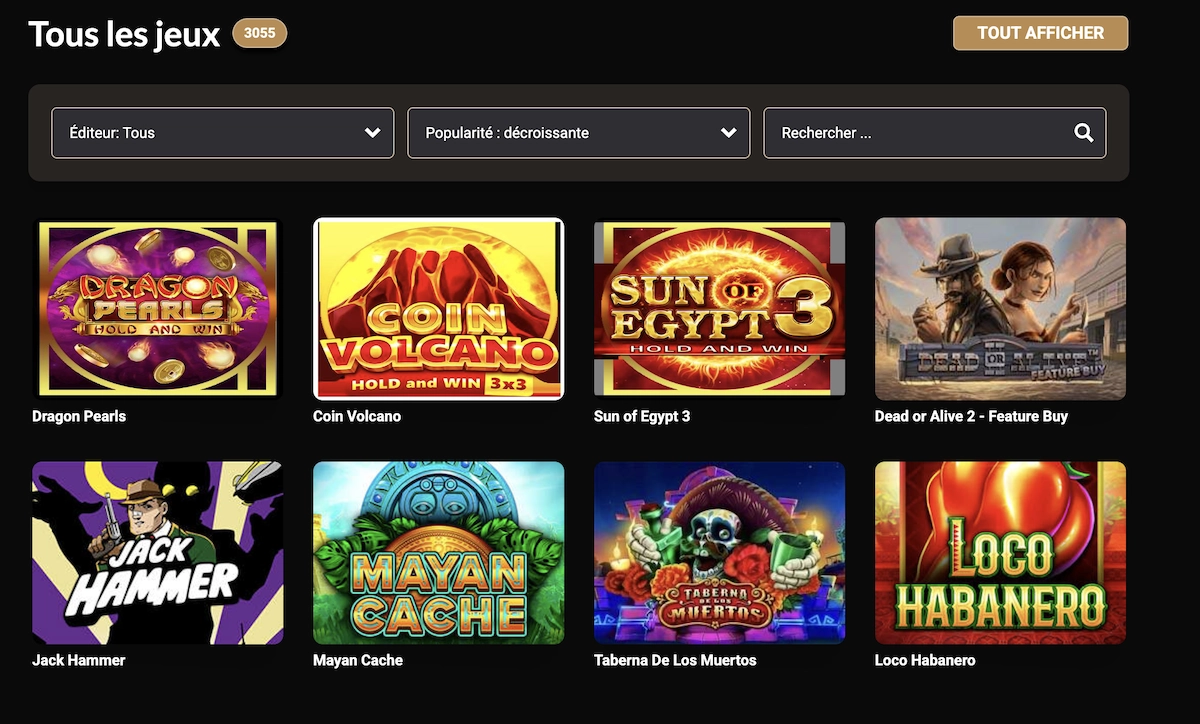 Page &ldquo;Tous les jeux&rdquo; de Megawin Casino pr&eacute;sentant plus de 3000 titres dont Sun of Egypt 3 et Dragon Pearls