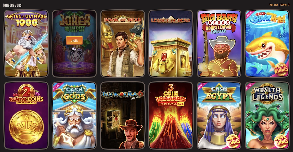 Catalogue complet des machines &agrave; sous Neon54 avec titres comme Gates of Olympus, Joker Winpot et Book of Dead