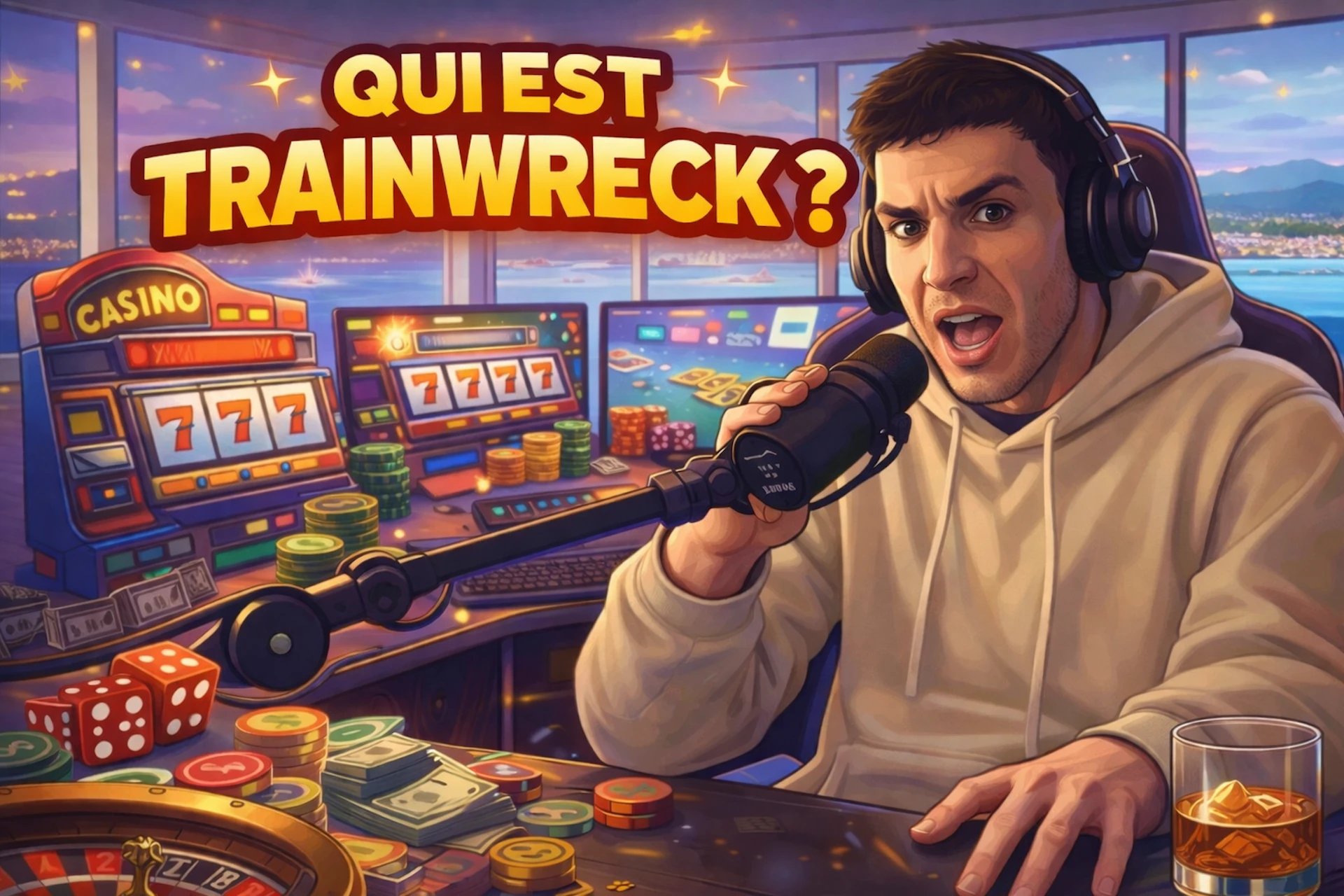 Illustration cartoon de Trainwreck en pleine session de streaming dans un penthouse avec vue mer, entour&eacute; de machines &agrave; sous, jetons, d&eacute;s, billets et roulette de casino, avec le texte &ldquo;QUI EST TRAINWRECK ?&rdquo; en haut de l&rsquo;image.
