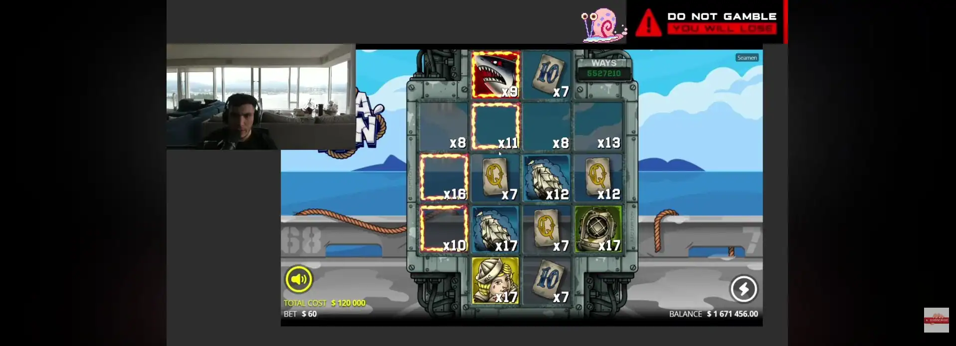 Trainwreckstv en stream sur la machine à sous Seamen avec un solde de 1 671 456 dollars et une mise de 60 dollars par tour.