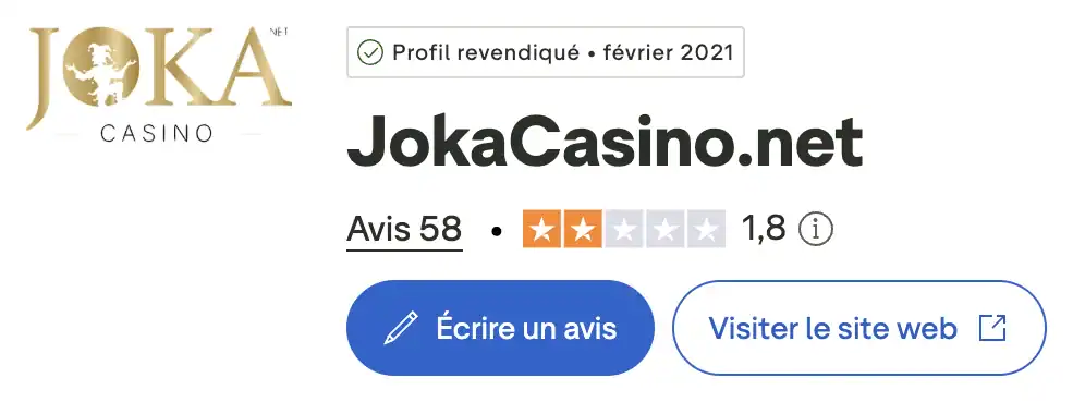 La page Trustpilot de Joka Casino relevée après sa fermeture, avec une note de 1,8 sur 5 pour 58 avis. Le casino a revendiqué ce profil en février 2021.