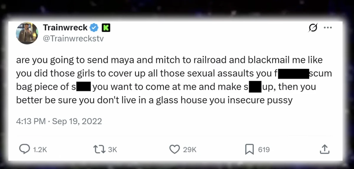 Capture d’écran d’un tweet de Trainwreckstv datant de septembre 2022, dans lequel il accuse publiquement Mizkif d’avoir tenté de couvrir des accusations graves, message devenu viral lors des dramas Twitch liés au gambling et aux polémiques internes.