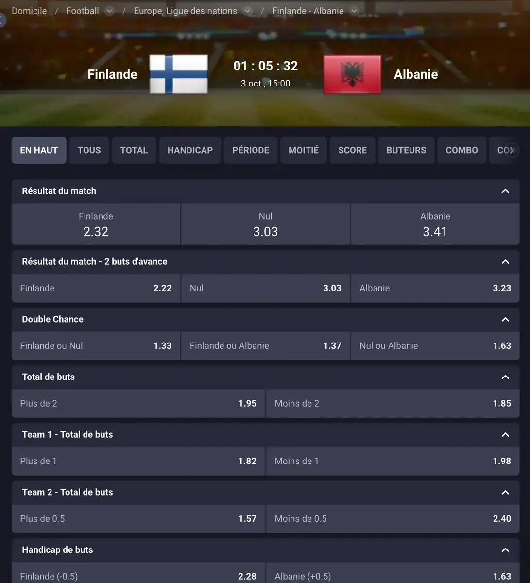 Les types de paris du casino trixino sur le match entre la finlande et l'albanie, résultat au handicap buts.