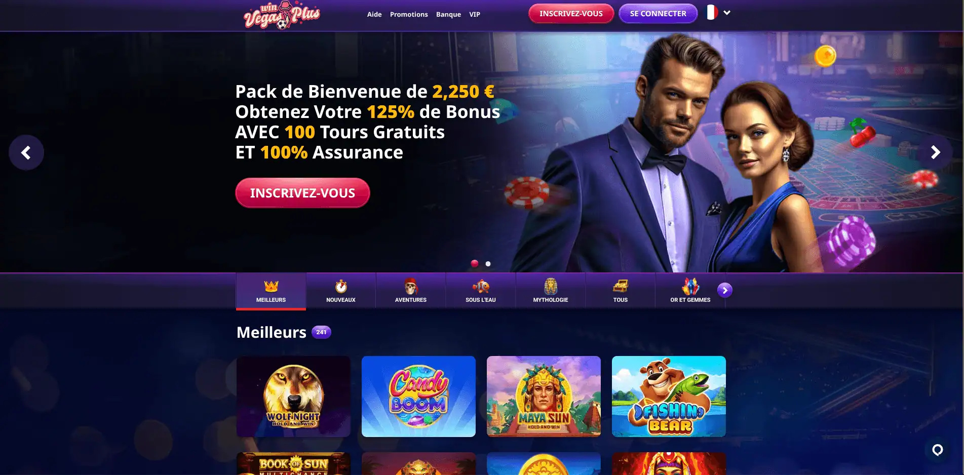 Page d'accueil du site winvegas plus casino avec deux joueurs et une description du bonus de bienvenue.