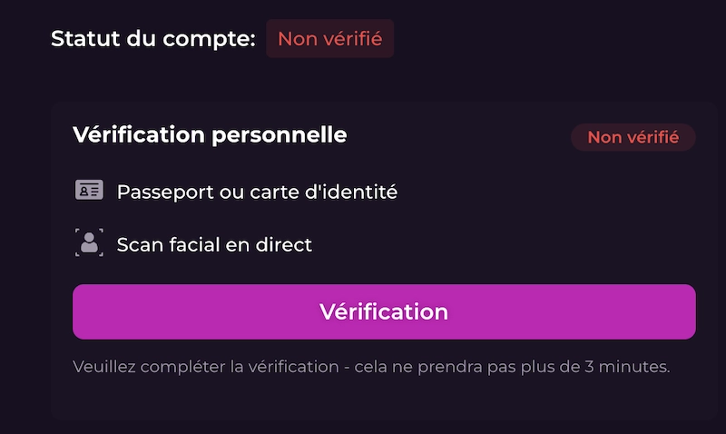 &Eacute;tape de v&eacute;rification KYC sur Rockstar Casino demandant passeport ou carte d&rsquo;identit&eacute; et scan facial